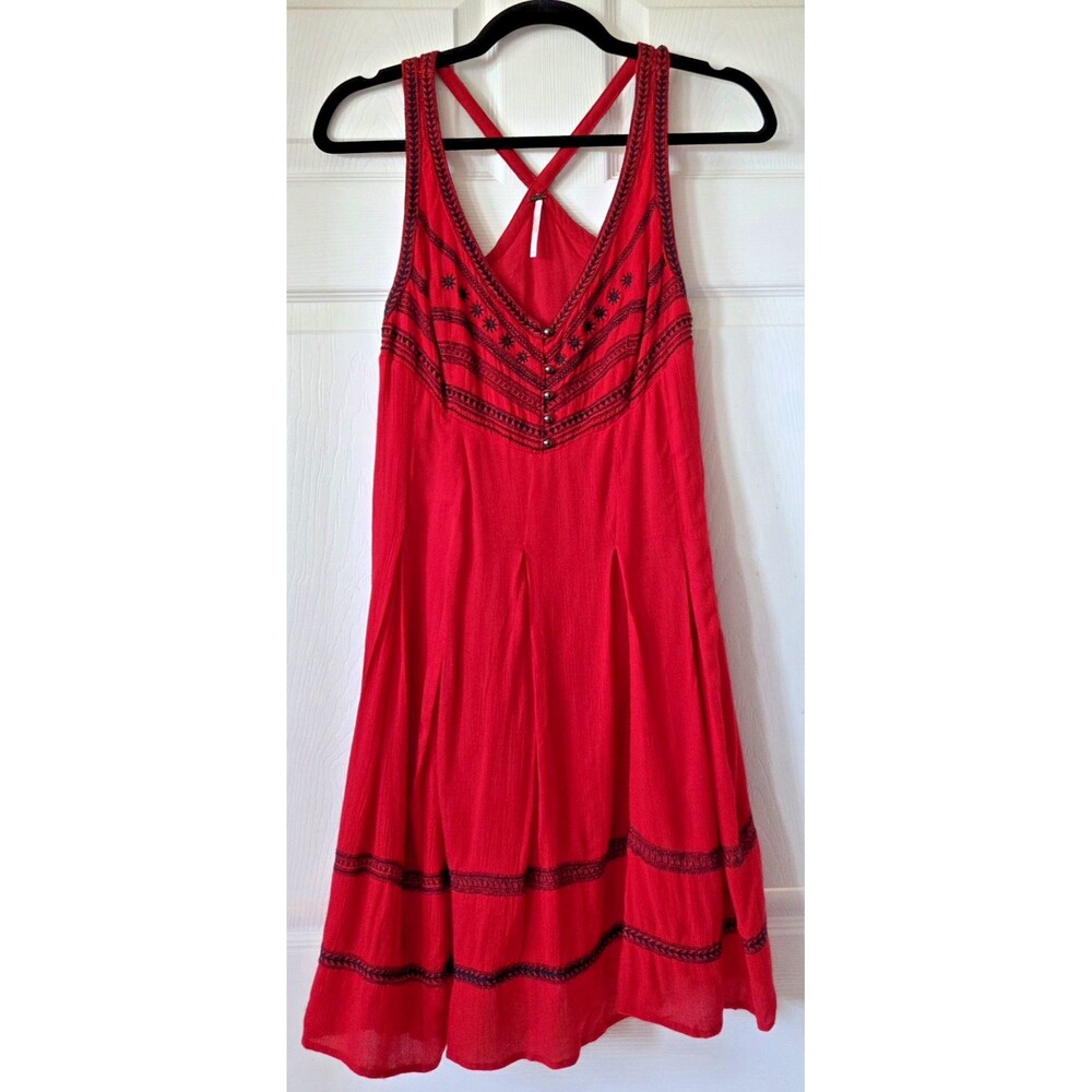 FREE PEOPLE Red Lightweight Gauze Mini Dress Black Embroidery Sleeveless Size 0
